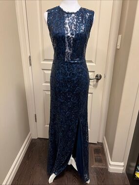 New Look Navy Blue Sequin Evening Dress open back deep v